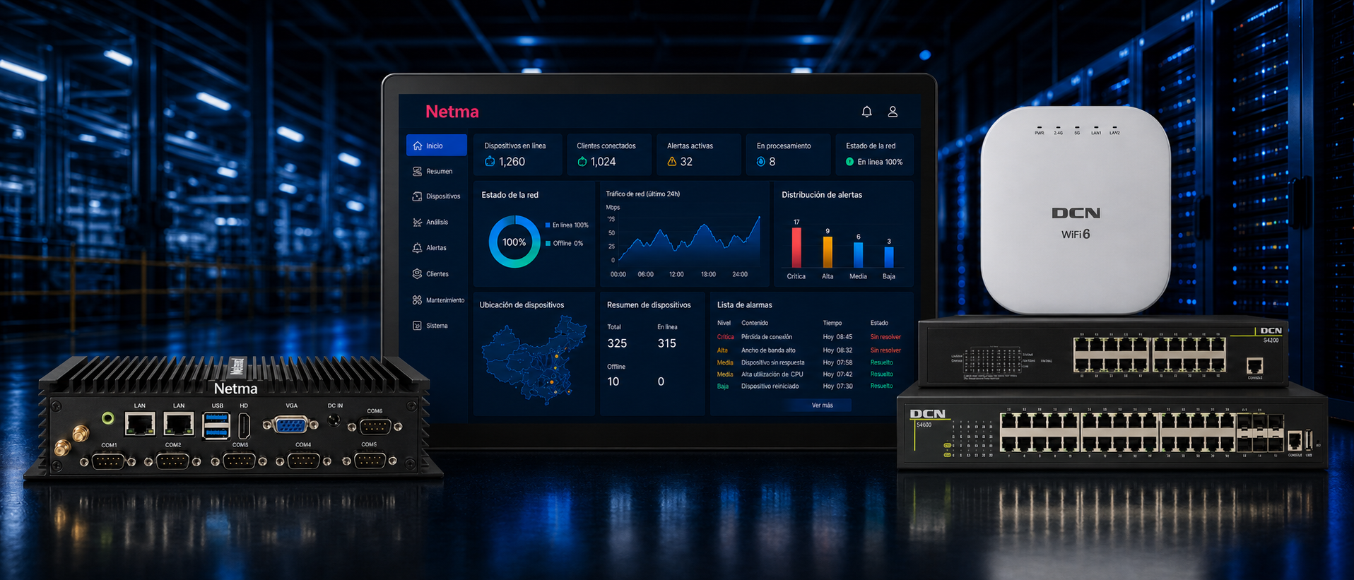 Infraestructura Netma con panel de monitoreo, access point y switches DCN